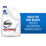 White Roundup refill jug with label visible next to blue panel reading "Kills to the root, starts working immediately"