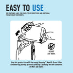 Instruction-style graphic showing pouring a Roundup refill into a container with headline "Easy to Use" and a Do Not Add Water icon