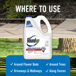 Roundup refill jug pictured over landscape strips with text "Where to use" and checkmarks for flower beds, driveways, trees and fences