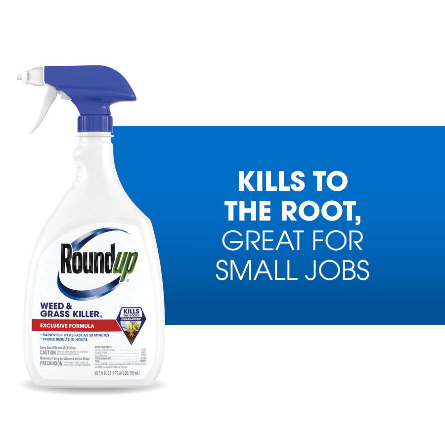 White Roundup spray bottle with blue trigger at left and a blue panel to the right reading “Kills to the root, great for small jobs.”