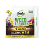 Roundup Weed Barrier granules pouch front showing logo, flowers art and 'Prevents weeds + grasses 8 months' badge