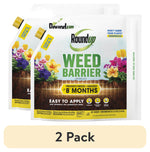 Two Roundup Weed Barrier granules pouches with floral artwork and 'Prevents weeds + grasses up to 8 months' callout