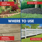 Four-image collage showing landscape uses - flower bed, tree bed, paved driveway, and white fence - with a central “WHERE TO USE” label.