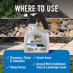 Roundup QuickHand refill bottle with sprayer and checklist showing where to use it on driveways, patios, gravel and landscape areas