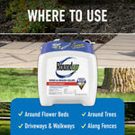 Roundup Pump 'N Go 2 sprayer pictured over background panels showing where to use around flower beds driveways trees and fences