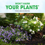 Lifestyle-style image with flowering plants and text 'Won't Harm Your Plants' promoting Roundup Weed Barrier