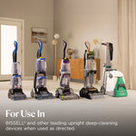 Row of different upright BISSELL carpet cleaners in a room with caption about use in upright deep-cleaning devices