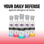 Row of five Clorox PURE allergen neutralizer spray cans in different color gradients beneath the headline 'Your daily defense'.
