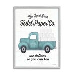 Framed print titled 'The Royal Flush Toilet Paper Co.' featuring a teal delivery truck loaded with toilet paper rolls.