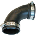 Rubber 90-degree elbow plumbing connector with two metal worm-drive clamps, studio on white background