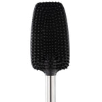 Close-up of a black rubber brush head with raised rounded bristles on a stainless handle