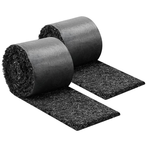 Two black rolled rubber mulch mat strips partially unrolled showing textured shredded-rubber surface and backing