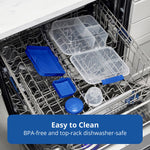 Disassembled Rubbermaid bento box pieces arranged in dishwasher rack with label graphic