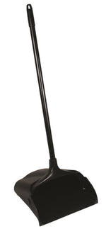Black upright dustpan with a long metal handle and molded plastic pivoting pan, shown on white background.
