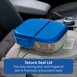 Closed blue Rubbermaid bento box with latch sitting on a car seat or bag, side view