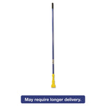 Long blue fiberglass mop handle with yellow gripper and black top grip on white background