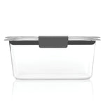 Clear rectangular Rubbermaid Brilliance storage container with gray clip-on lid viewed from the front on white background.
