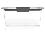 Front-facing clear Rubbermaid Brilliance rectangular storage container with gray clip on a white reflective background.