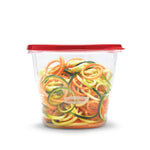 Clear Rubbermaid container filled with spiral vegetable noodles and topped with a red lid, studio white background