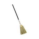 Full-length corn broom with a black handle, natural straw bristles bound by three brown bands and a small product label at the neck.