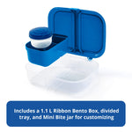 Blue divided tray and clear base of a Rubbermaid Ribbon Bento box shown with mini jar above