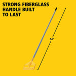 Full-length view of a gray fiberglass mop handle with yellow Invader mop head on a yellow background marked 54"