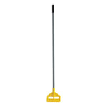 Straight-on product shot of a full-length gray fiberglass mop handle with yellow Invader head and black grip