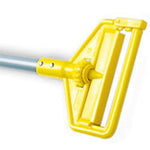 Close-up of a yellow Invader-style mop handle head and metal shaft attachment on white background