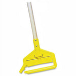 Yellow commercial mop head clamp attached to a wooden handle, angled on a white background