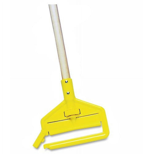 Yellow commercial mop head clamp attached to a wooden handle, angled on a white background