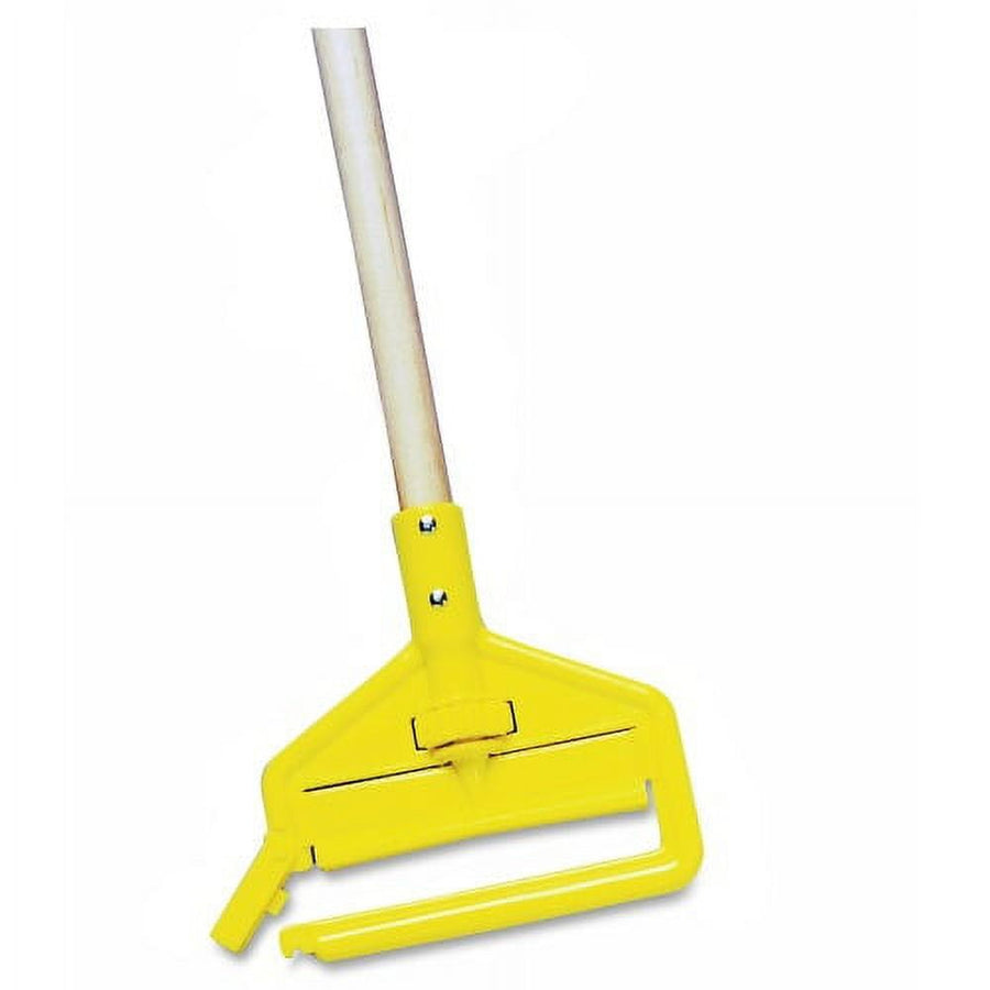 Yellow commercial mop head clamp attached to a wooden handle, angled on a white background
