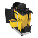 yellow rubbermaid janitorial cart with bins, folding caution sign, and mounted dustpan, shown from the rear angle