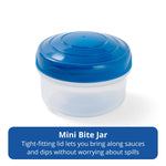 Small round clear jar with blue screw-on lid shown against white background