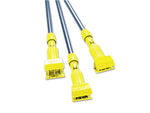 Three blue mop handles with yellow gripper connector heads shown from angled view