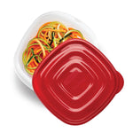 Open Rubbermaid TakeAlongs container with red lid shown beside clear tub filled with spiral vegetable noodles