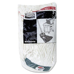Rubbermaid-branded packaged white looped-end wet mop head in clear plastic bag with black and white product illustration on label.