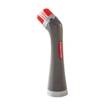 Close-up of a replacement angled brush head for the Rubbermaid power scrubber with red bristles and gray body