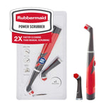 Rubbermaid Power Scrubber in blister pack showing main handheld unit and an extra brush head in clear retail packaging