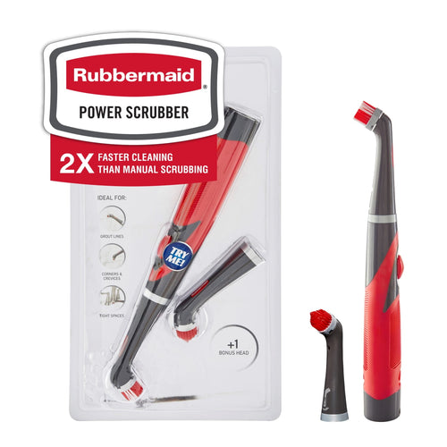 Rubbermaid Power Scrubber in blister pack showing main handheld unit and an extra brush head in clear retail packaging