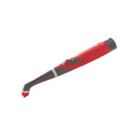 Rubbermaid cordless power scrubber shown on a white background, angled to display red handle, button, and brush tip