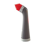 Vertical close-up of a Rubbermaid power scrubber replacement brush head with dense red bristles and gray plastic stem
