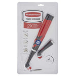Retail blister card packaging for the Rubbermaid Power Scrubber showing the main unit and a bonus brush head under clear plastic