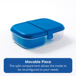 Closed Rubbermaid ribbon bento box with blue lid and clear base on white background