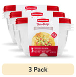 Three Rubbermaid TakeAlongs medium plastic bowls with red lids shown stacked in retail sleeve, front view