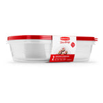Angled view of clear rectangular Rubbermaid TakeAlongs container stacked with red lid and branded paper sleeve