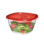 Angled view of a clear Rubbermaid square container holding salad and topped with a red lid