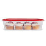 Clear Rubbermaid rectangular container with red lid holding four frosted cupcakes, side profile
