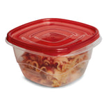 Rubbermaid square container with red lid filled with pasta against a white background