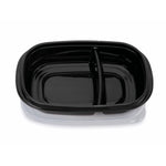 Black Rubbermaid TakeAlongs rectangular divided container shown with clear lid underneath, empty and open.