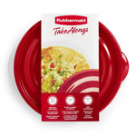 Overhead retail pack view showing Rubbermaid TakeAlongs red lid and sleeve with food image and feature icons